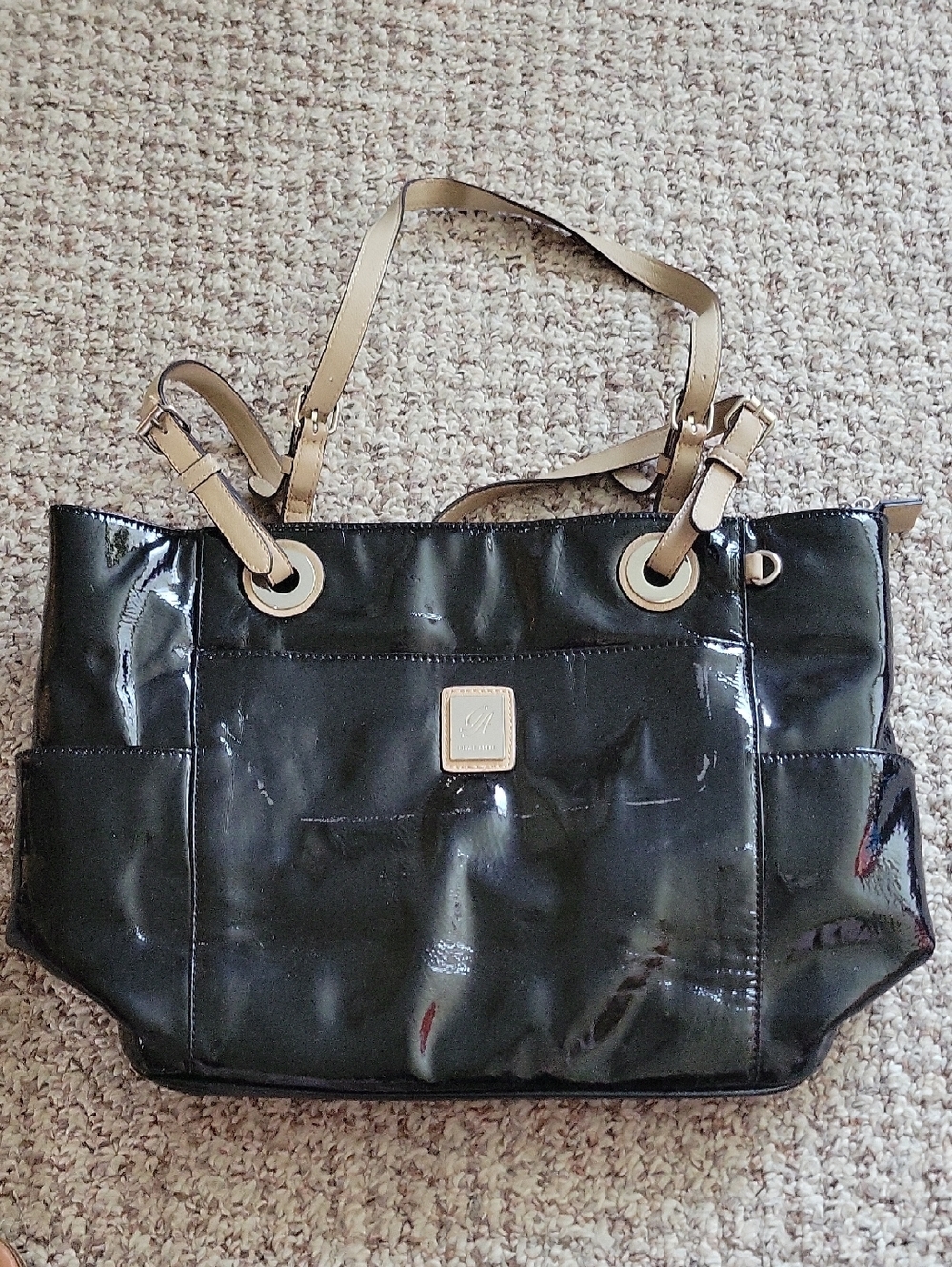 Grace Adele Black Patent Shoulder Tote with Beige Straps